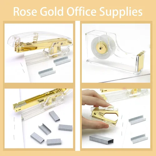 Vista 4 de Suministros de oficina dorados, accesorios de escritorio dorados de UPIHO, juego de grapadora y dispensador de cinta con grapadora grande
