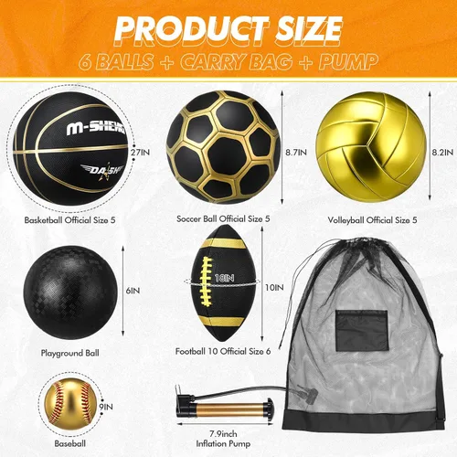 Vista 3 de RoundFunny Juego de 6 pelotas deportivas multideportivas, tamaño oficial, fútbol, voleibol, pelota de juegos infantiles, béisbol con bolsa