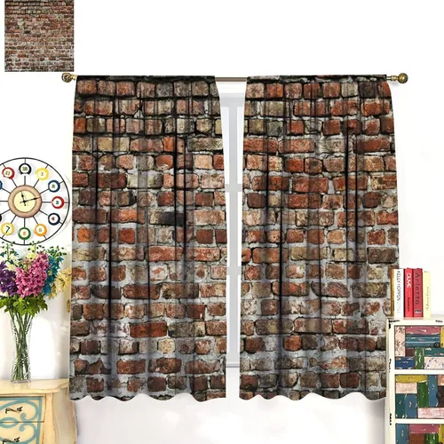 Vista 3 de Cortinas opacas para pared de ladrillo, rústicas, para pared de ladrillo, naranja y rojo, impresión artística para sala de estar, dormitorio