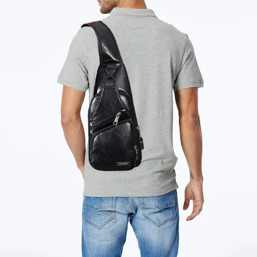 Vista 7 de Seoky Rop Bolso bandolera pequeño de cuero para hombre, bolso bandolera con puerto de carga USB, Negro -, Mochilas Sling