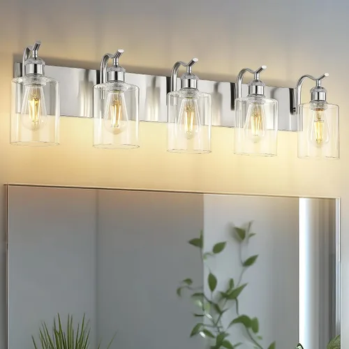 Vista 42 de Lámpara de tocador de baño de 3 luces, aplique de pared de níquel cepillado, lámpara de baño moderna con vidrio transparente, VL01BN-3 Níquel