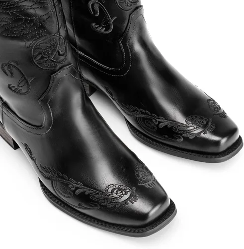 Vista 4 de DREAM PAIRS Botas vaqueras de media pantorrilla para mujer, botas vaqueras bordadas cosidas con punta cuadrada, botas occidentales