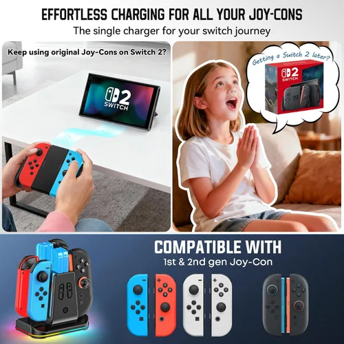 Vista 2 de Compatible con interruptor 21 Base de cargador Joycon controlador, soporte de carga magnético 8 en 1 para JoyCon 2, Switch 1 y OLED Joy