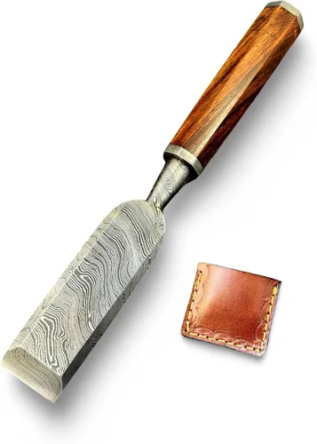 Vista 10 de Juego de cinceles de madera de 5 piezas – Cuchillas de borde biselado de acero de Damasco forjadas a mano con cubiertas de cuero y asas