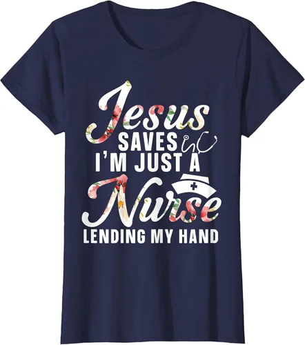 Vista 37 de Jesus Saves I'm Just A Nurse Lending My Hand RN Christian T-Shirt Asphalt Grey