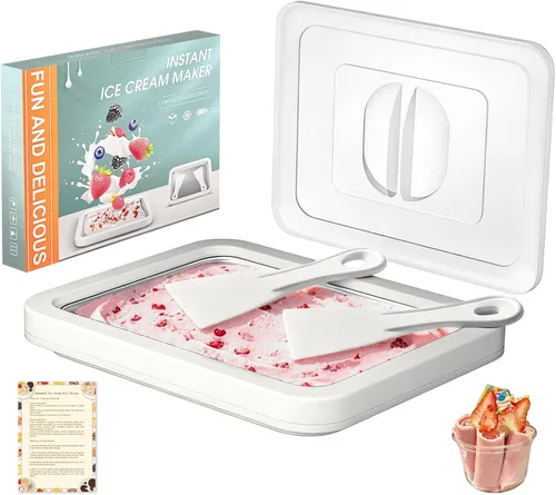 Vista 11 de Kit para hacer helados enrollados con tapa, 2 espátulas y guía de recetas - Bandeja de congelación instantánea para helado casero, actividades Verde