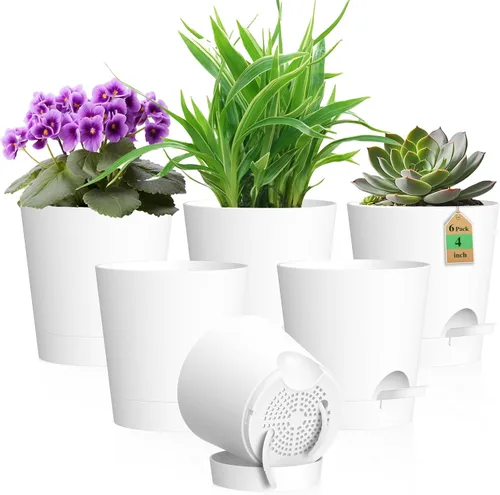 Vista 8 de WSMKSZ Macetas de riego automático de 4 pulgadas para plantas de interior y exterior, paquete de 6 macetas de plástico con agujeros de drenaje