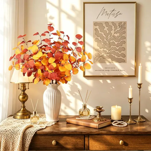 Vista 6 de Beferr Decoración de tallos de eucalipto de otoño, 5 piezas de ramas de eucalipto artificiales de 23 pulgadas, hojas de otoño, arreglos florales