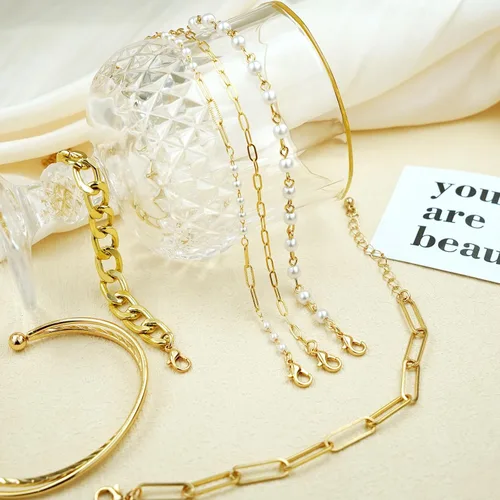 Vista 5 de OUUKP Gold Bracelets for Women,14K Real Gold Plated Jewelry Sets Tennis Cuff for Women Trendy Dainty Stackable Cuban Paperclip Chain Beaded Pearl