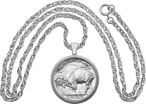 Vista 2 de US 1937 Indian Head Buffalo Nickel 5 Cents Coin Solid 925 Sterling Silver Necklace NEW - FULL HORN