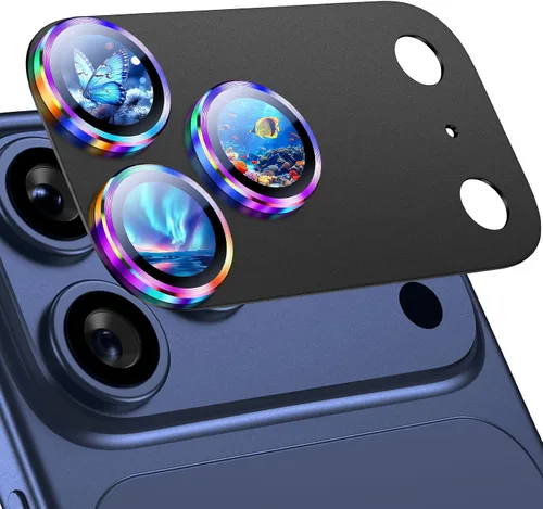 Vista 18 de Uyiton Protector de lente de cámara para iPhone 17 Pro - [Tipografía única + lente de teléfono diseño de círculo rojo] Cubierta de cámara de vidrio
