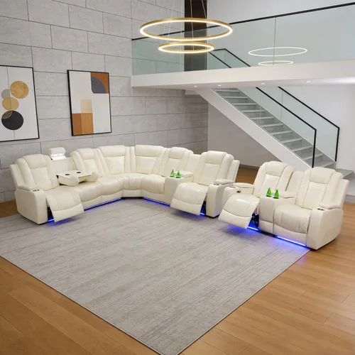 Vista 13 de Juego de sofá modular reclinable eléctrico para sala de estar, juego de sofá reclinable de cuero con luces LED / almacenamiento oculto, sofá