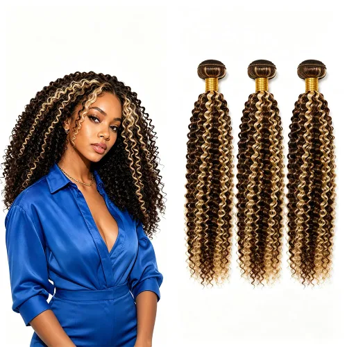Vista 166 de P4613 Cabello humano rizado onda profunda marrón y paquetes mixtos 8 10 12 P4613 Ombre Marrón-Rubio-DP