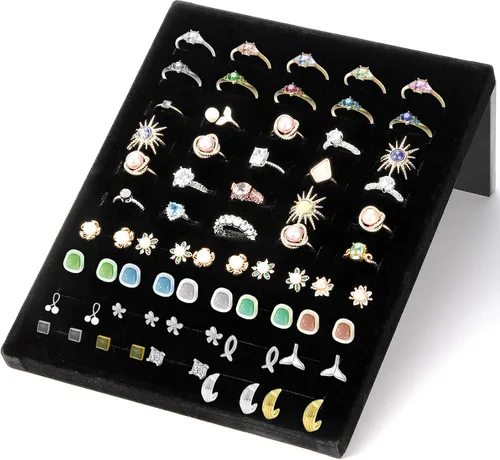 Vista 4 de Paquete de 2 soportes de exhibición de anillos de terciopelo, 50 ranuras, bandeja organizadora de anillos, bandeja de exhibición de joyas, soporte