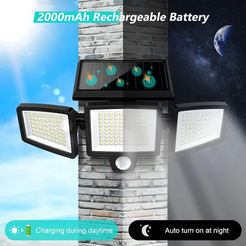 Vista 3 de Tuffenough Luces solares para exteriores de 2500 lm, 210 luces LED de seguridad con control remoto, 3 cabezales de luces con sensor de movimiento