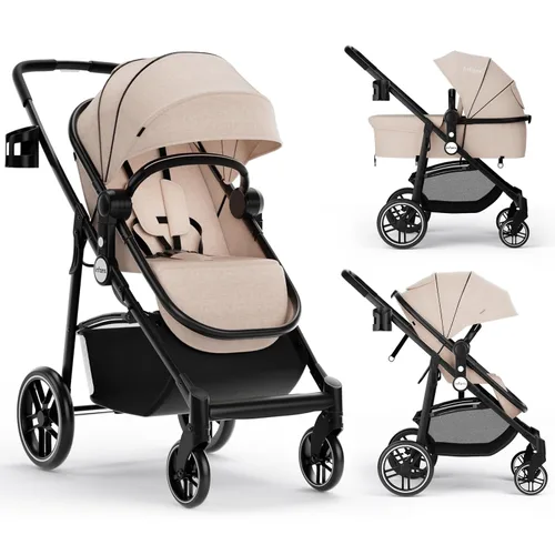 Vista 10 de INFANS Cochecito infantil 2 en 1, cochecito de bebé horizontal y cochecito de cuna reversible, cochecito plegable con toldo ajustable, cesta