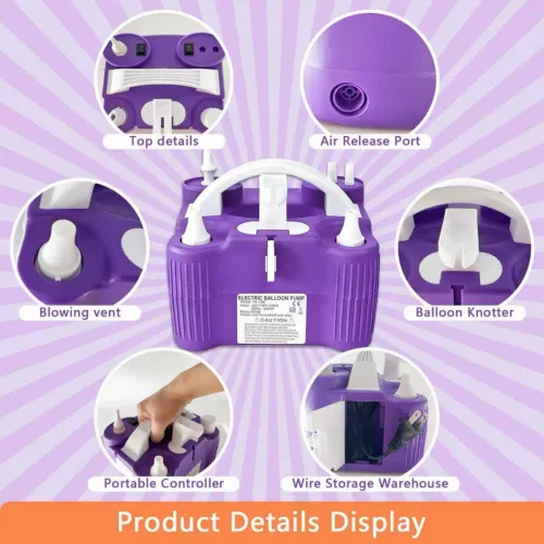 Vista 6 de Bomba eléctrica 4 en 1, máquina sopladora eléctrica portátil de globos de aire para todos los globos, bomba de aire para pelotas deportivas, Morado