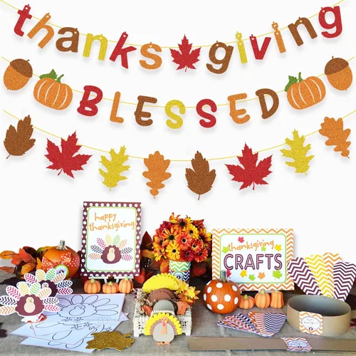 Vista 4 de Decoraciones de Acción de Gracias: Cartel brillante de agradecimiento y bendición, guirnalda de hojas de otoño para decoración de Acción de Gracias