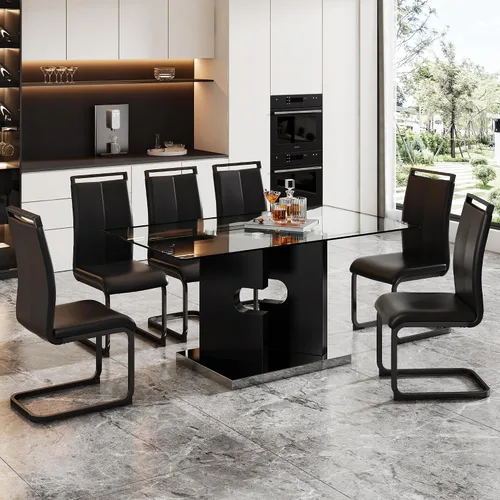 Vista 17 de Ebullient Juego de mesa de comedor de cristal de 63 pulgadas para 6, mesa de comedor de vidrio negro y base de MDF, mesa de cocina rectangular Mesa