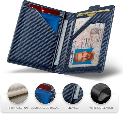 Vista 5 de SUAVELL Bachelor Bifold Cartera RFID de piel de microfibra para hombre. Cartera delgada con pestaña de bolsillo frontal compacto