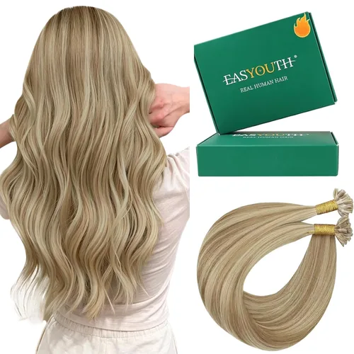 Vista 26 de Easyouth Extensión de cabello humano rubio con cola de caballo, extensiones de cabello humano rubio dorado con reflejos rubios, extensiones