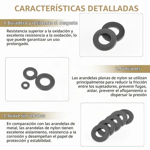 Vista 4 de 620 arandelas planas de nailon, 8 tamaños, arandelas de plástico de nailon negro, kit surtido de arandelas (M2 M2.5 M3 M4 M5 M6 M8 M10)