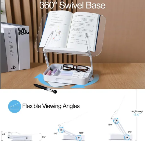 Vista 3 de ZOEY Soporte acrílico para libros de lectura, soporte ajustable para libros con base giratoria de 360 grados y soporte elevador plegable