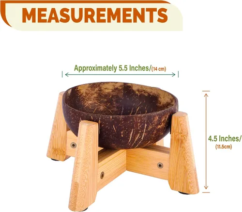 Vista 3 de Cuenco para perros para gatos y perros pequeños, totalmente natural, cuenco de cáscara de coco pulido con soporte de madera, altura total