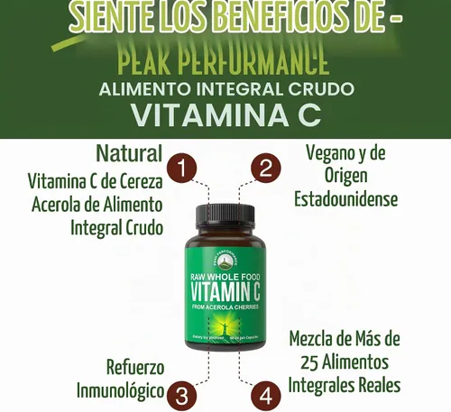 Vista 2 de Peak Performance Cápsulas de Vitamina C Natural de Aceituna Entera Cruda de Acerola para Máxima Absorción. Suplemento de Vitamina C Vegano de Origen