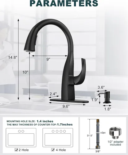 Vista 7 de WOWOW Grifos de cocina con dispensador de jabón, cuello de cisne de una sola manija, grifos de fregadero de cocina negros con rociador, arco alto