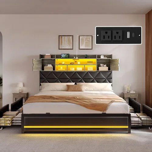 Vista 2 de DWVO Queen Size Bed Frame with RGB LED Lights & Storage Bookcase Headboard Upholstered Bed with Charging Station and 4 Drawers, No Box Spring
