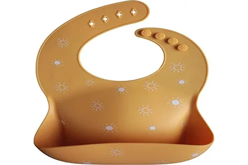 Vista 104 de Mushie - Babero de silicona para bebé, ajustable y resistente al agua (abejas) De 4 a 24 meses, lavable a máquina, correa ajustable