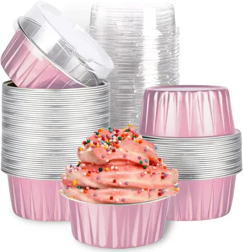Vista 10 de Mini tazas de papel de aluminio para hornear cupcakes con tapas (40 piezas, 5 oz), forros redondos de papel de aluminio para cupcakes, moldes