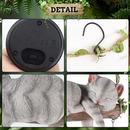 Vista 4 de Estatua de jardín con luz solar para exteriores, columpio colgante de 22.6 pulgadas de alto con un gato dormido y una linterna LED, figura de animal