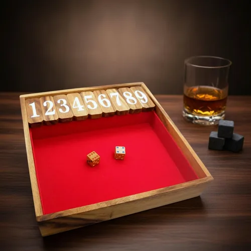 Vista 2 de Winshare Puzzles and Games Shut The Box Juego Grande, Dados de Madera Antiguos Juego Divertido