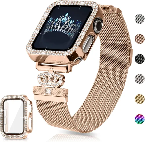 Vista 8 de Correa magnética compatible con Apple Watch 38mm 40mm 41mm 42mm 44mm 45mm 46mm, correa de metal de acero inoxidable con funda brillante y protector