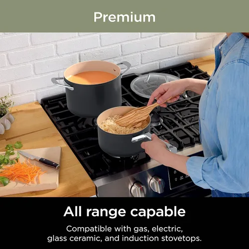 Vista 13 de Juego de ollas y sartenes Ninja antiadherentes Juego de utensilios de cocina de cerámica premium de vida extendida 9 piezas antiadherentes Gris