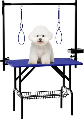 Vista 15 de Mesa profesional de aseo para perros y mascotas, ajustable, resistente, portátil, con brazo y lazo y bandeja de malla (gris, 36 pulgadas)