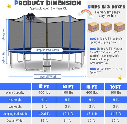Vista 7 de GYMAX Trampolín para niños, aprobado por ASTM de 12 pies, 14 pies, 15 pies, 16 pies, trampolín recreativo para niños pequeños con red de cierre, aro