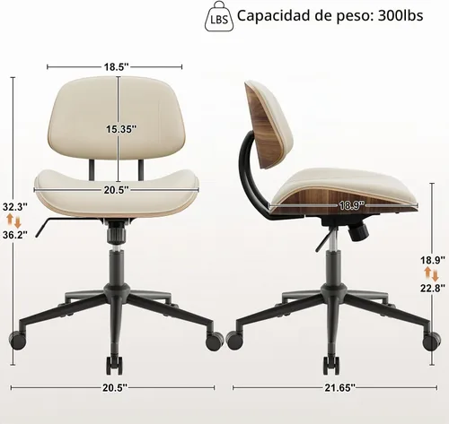 Vista 2 de Silla de oficina sin brazos con ruedas, silla de escritorio de cuero Beige