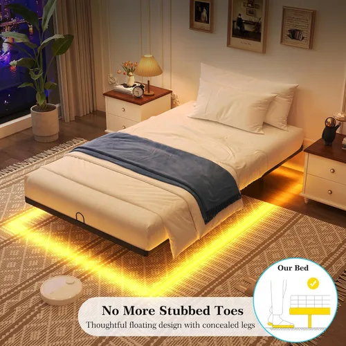 Vista 5 de Awesofurni Base de Cama Flotante de Tamaño Individual, Base de Cama Individual con Luces LED Inteligentes, Base de Cama Moderna de Metal Resistente