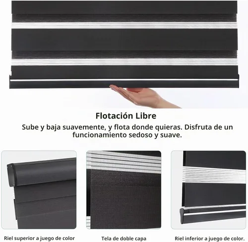 Vista 4 de MYshade Persianas sin cordones de cebra con función de parada libre, doble capa de filtrado de luz y privacidad para día y noche, persianas de Negro