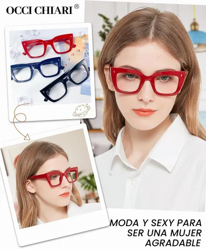 Vista 3 de OCCI CHIARI Gafas de lectura cuadradas de gran tamaño para mujer, retrogruesas, cómodas A-Rojo