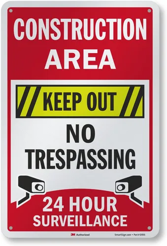Vista 8 de SmartSign Letrero de "Área de construcción: Keep Out, No Trespassing, 24 Hour Surveillance" Aluminio reflectante de grado de ingeniero 3M de 10 x