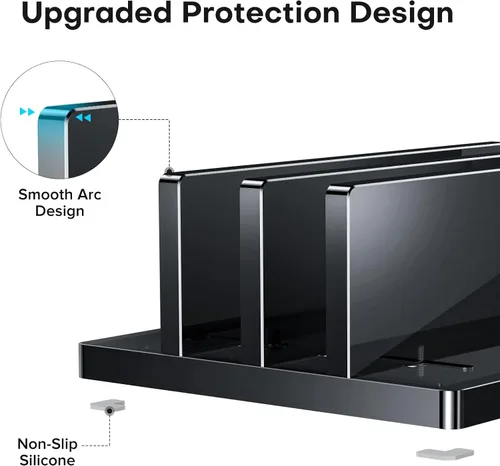 Vista 3 de OMOTON Soporte vertical para laptop para escritorio, soporte de acrílico para computadora portátil transparente ajustable para MacBook Pro Air, HP