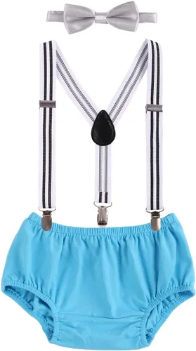 Vista 5 de Conjunto de ropa para festejar el primer cumpleaños de bebés, calzón pañalero con tirantes y corbata de moño. Beige & Blue