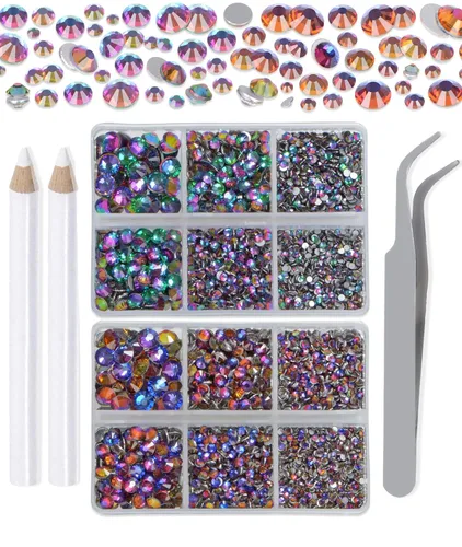 Vista 28 de LPBeads 6000 unidades de diamantes de imitación negros no termofijos, 6 tamaños, cristal redondo, con parte trasera plana, pinzas y bolígrafo