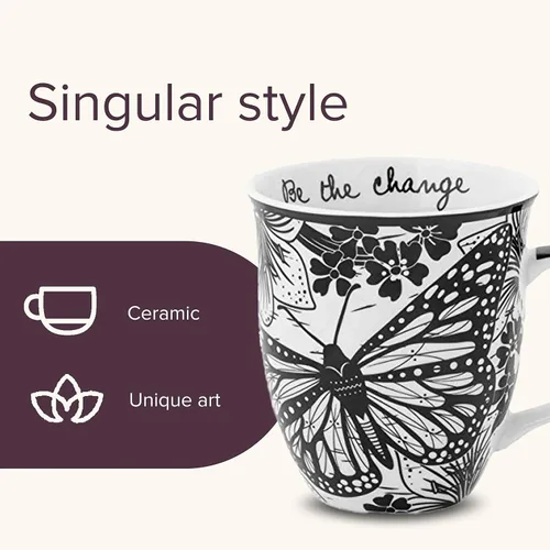 Vista 4 de Karma Taza bohemia de 16 onzas con diseño de mariposa y libélula en blanco y negro, bonita taza de café y té, cerámica, 16 onzas, redonda