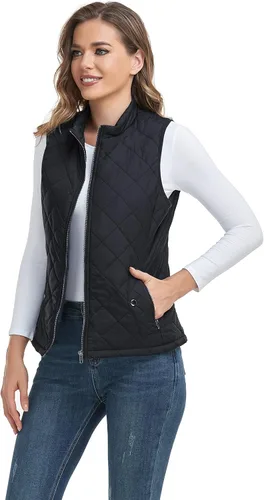 Vista 4 de LONGKING Chaleco para mujer con un bolsillo interior, cuello alto, ligero, con cremallera, acolchado, para mujer