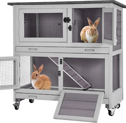 Vista 7 de Aivituvin Rabbit Hutch - Jaula para conejitos de interior para exteriores, casa de mascotas de 2 pisos, jaula de conejillo de indias con ruedas